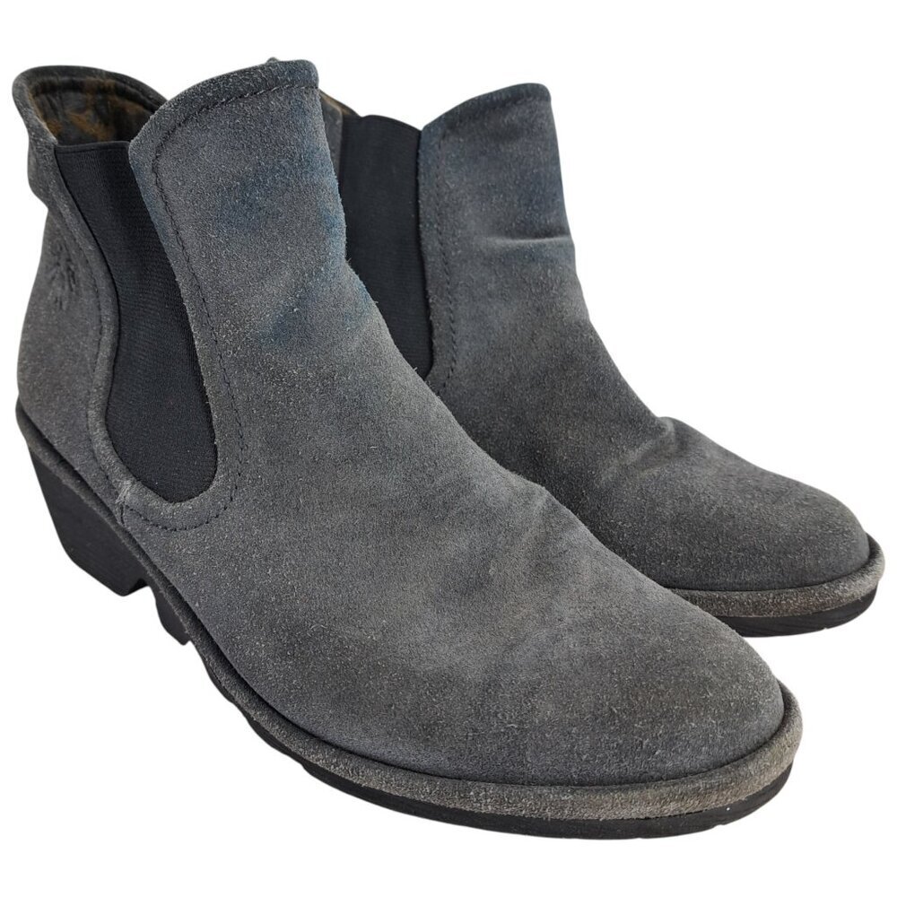 Fly London Phil Gray Suede Wedge Boots Size 38 US 7.5-8 Pull On Chelsea Chunky
